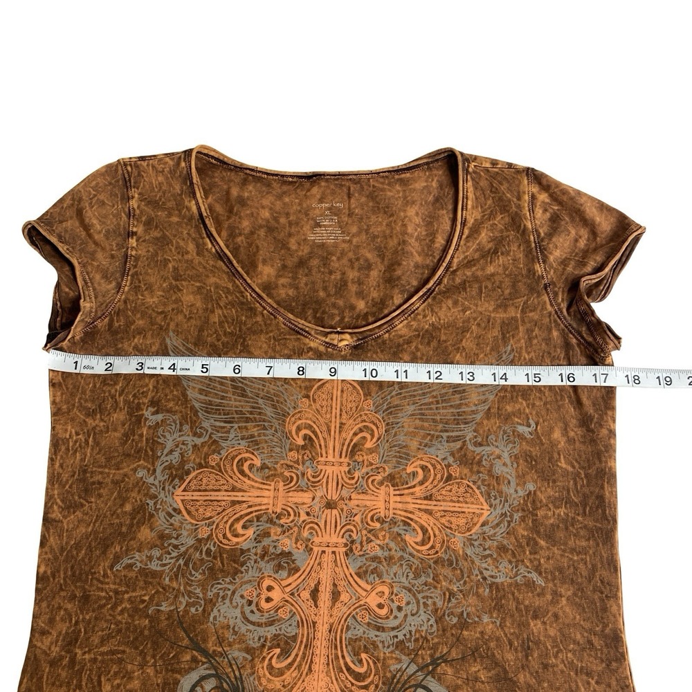 Y2K Copper Key Womens XL Cross Wings Tattoo Graphic Tee Mall Goth Alt Biker - Picture 8 of 9